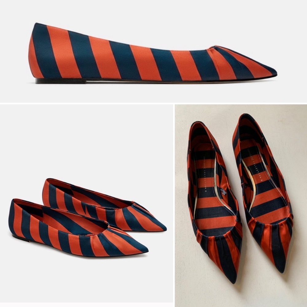 Zara Satin Striped Flats. Size 38/7.5